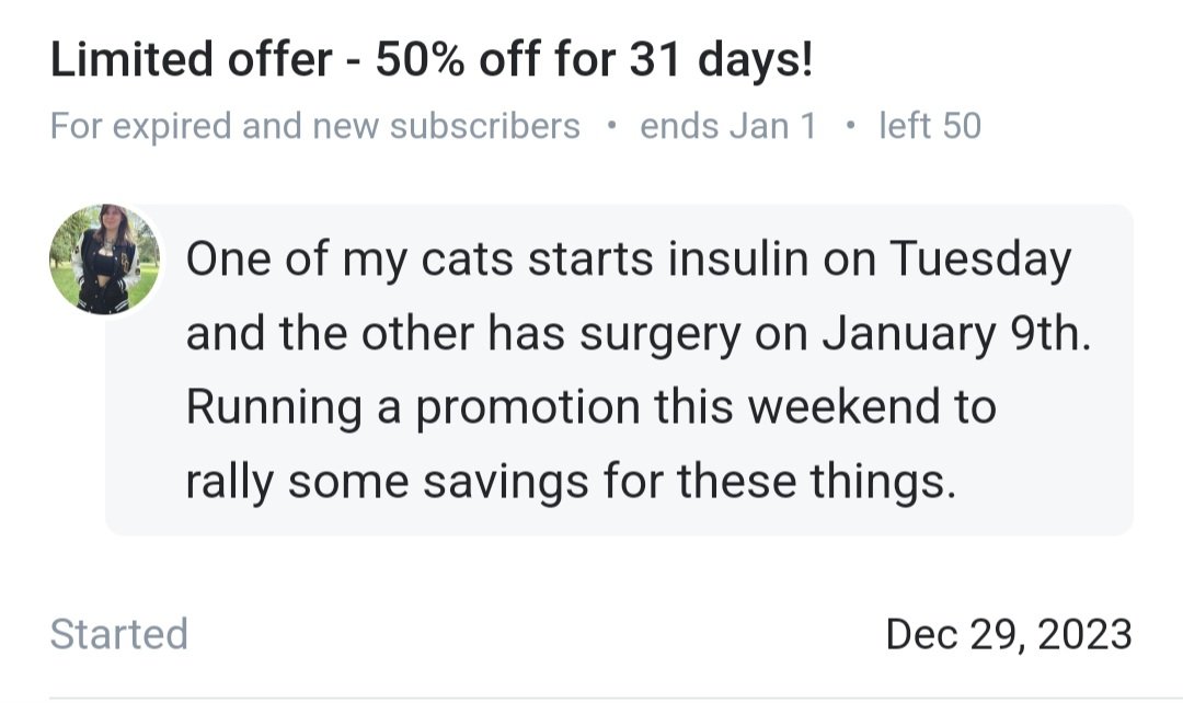 TheElleHell's tweet photo. onlyfans is on sale for $5 through Monday.

It's a cheap, easy way to get access to a lot of content while also supporting my cats. 

https://t.co/PFx7nIqibm

I never ask this, but I'd appreciate if people would retweet this. I could use the signal boost. https://t.co/PvfuO7CqRk