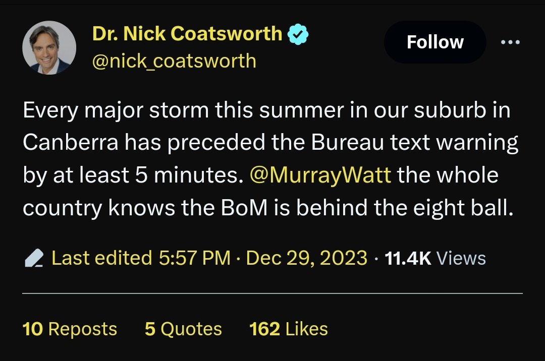 As a pilot and doctor, who flies and works all over Australia, I can say that <a href="/BOM_au/">Bureau of Meteorology, Australia</a> is not 'behind the eight ball' and that this vicious attack, based on one person's local anecdote, is entirely unjustified. The BoM provides an OUTSTANDING service. 

x.com/nick_coatswort…