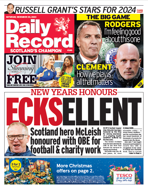 Here's your first look at Saturday's Daily Record front page, which leads on Scottish football legend Alex McLeish being honoured by the King for raising awareness of a crippling health condition suffered by his two sons #ScotPapers #TomorrowsPapersToday