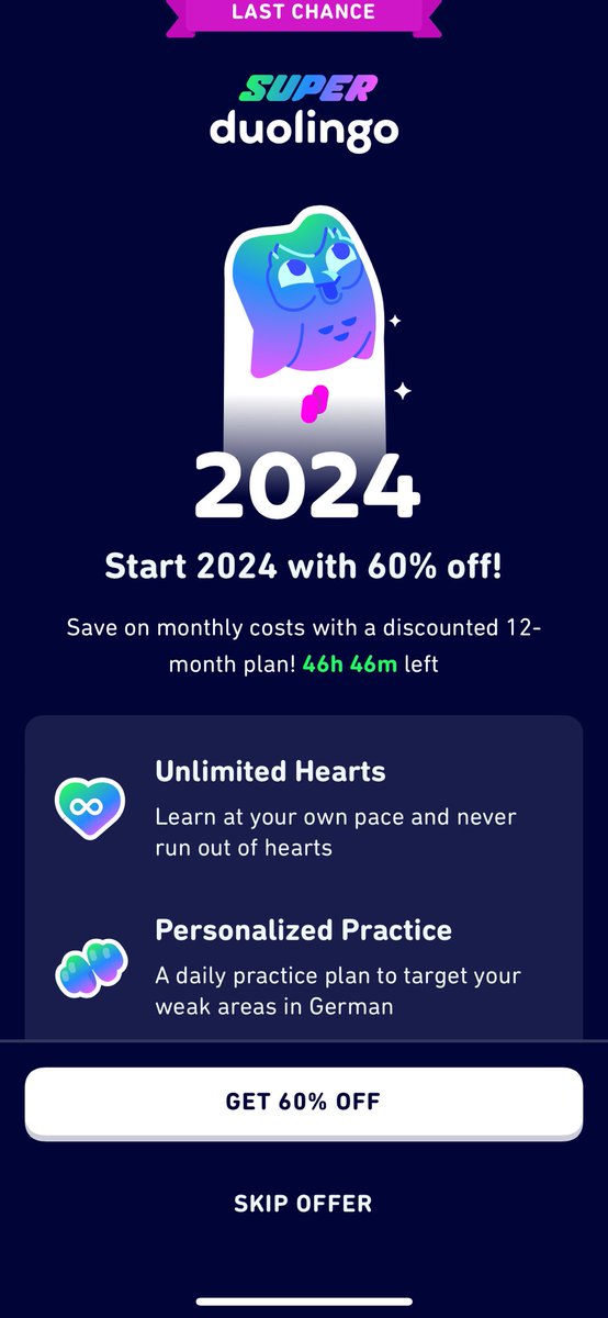 Hello <a href="/duolingoUK/">Duolingo 🇬🇧</a> <a href="/duolingo/">Duolingo</a> - can you tell me what this offer actually is please? 60% of what? Thanks!