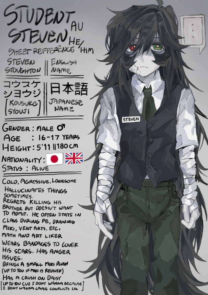 Student Steven Refference

Im finally done HSYDJD

#studentau #strangledred #strangledredsteven #au #FYP #digitalartwork #school #au #pokepasta #ibisPaintX #refferencesheet