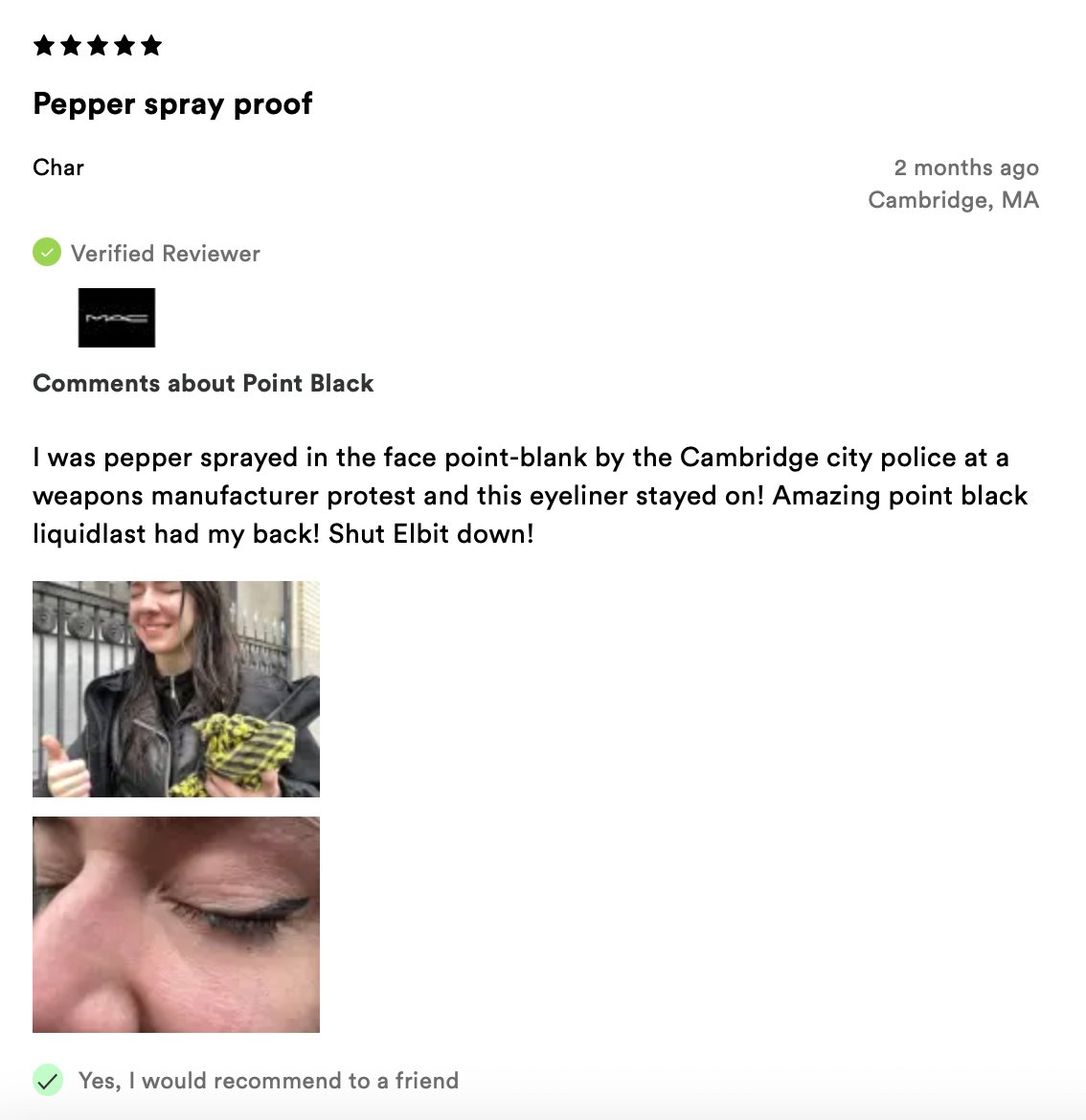 irosarioc's tweet photo. “I was pepper sprayed in the face point-blank by the Cambridge city police at a weapons manufacturer protest and this eyeliner stayed on!” https://t.co/vKsqzwv6iJ