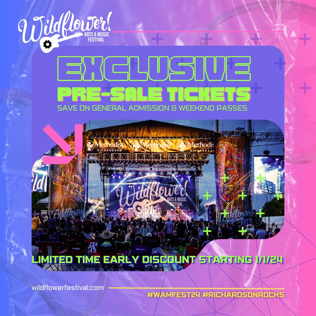 WildflowerFest's tweet image. Exclusive Pre-Sale Tickets Available on JANUARY 1ST! 
wildflowerfestival.com 
#WAMFEST23 #RichardsonRocks