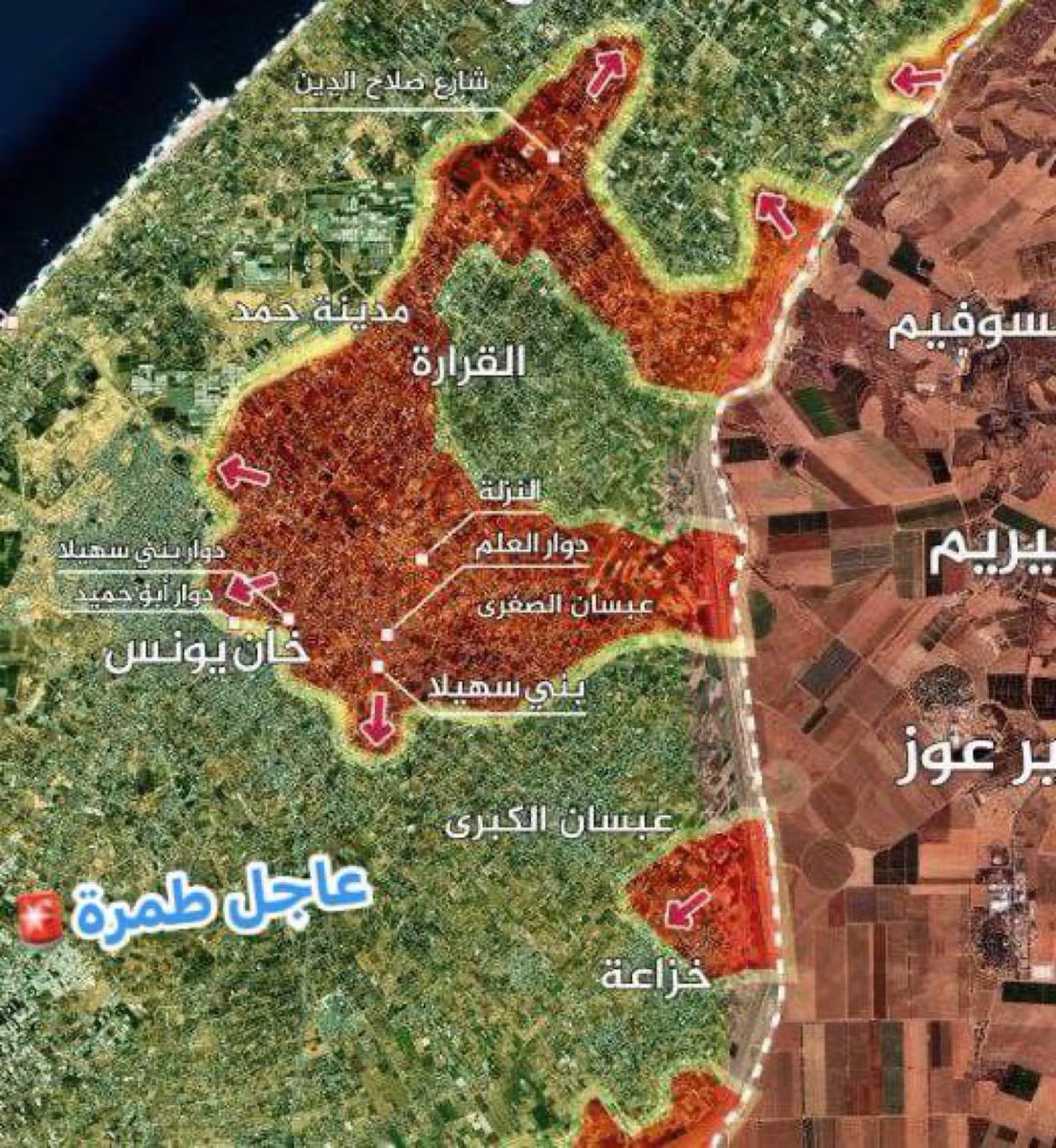 drhossamsamy65's tweet photo. عاجل ⚠️: 30 ألف ضابط وجندي إسرائيلي يشاركون في معركة خانيونس جنوبي قطاع غزة، ب  6 ألوية مقاتلة ، 6 ألوية كاملة تقاتل منذ شهر ونصف هناك والتقدم بطيء جداً والتراجع أكبر ،واليوم بدء لواء سابع الهجوم من ناحية خزاعة اسفل الخريطة . والنتيجة التى اتوقعها هزيمة منكرة اخرى لجيش الحفاضات✊🏼✊🏼✊🏼