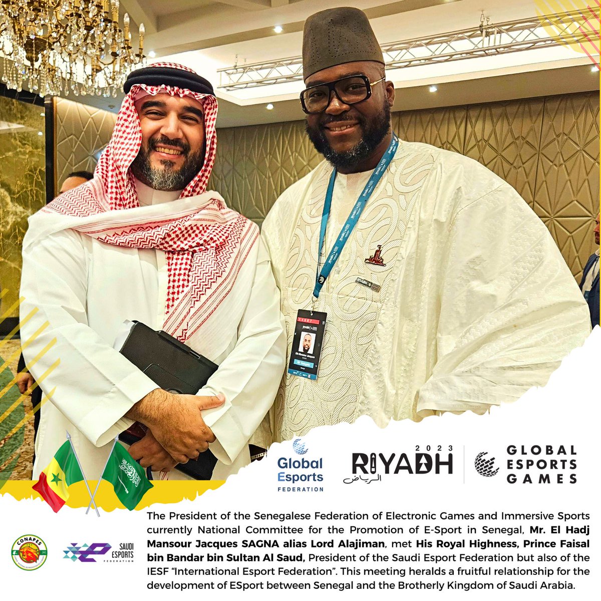eSport_SNG's tweet photo. *The President of the Senegalese Federation of Electronic Games and Immersive Sports currently National Committee for the Promotion of E-Sport in Senegal, Mr. El Hadj Mansour Jacques SAGNA alias Lord Alajiman, met His Royal Highness, Prince Faisal bin Bandar bin Sultan Al Saud, https://t.co/n492FBEuPM