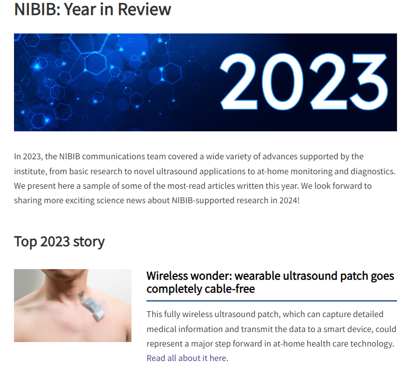 What a great end-of-year gift!
Many thanks to <a href="/NIBIBgov/">NIBIB</a> for highlighting my work on the wireless ultrasound patch as the Top 2023 story (nibib.nih.gov/about-nibib/ni…).