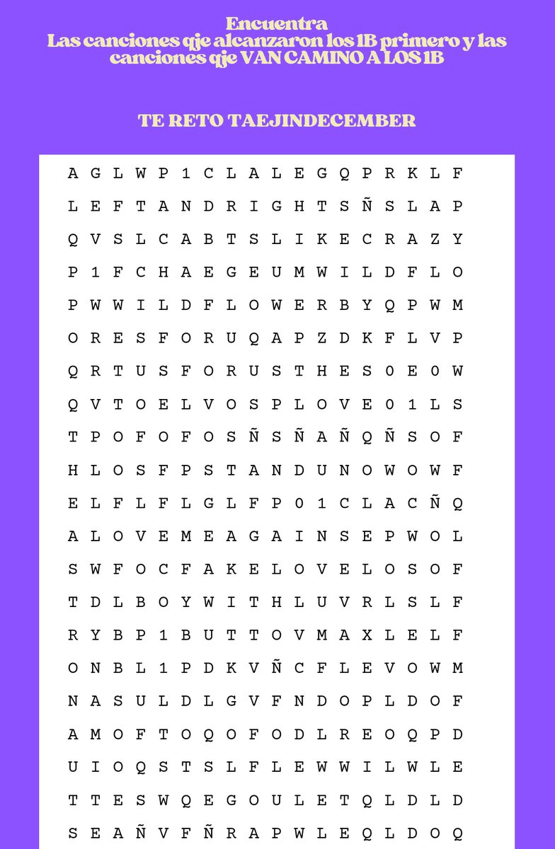 btsboyluv's tweet photo. — TAEJIN December Party!
¿Qué tal una sopa de letras? Encuentra las siguientes canciones:
A ver, RETA a tus mutis hacer lo mismo, usen los hashtags y comenten la captura de stream en YT.
RETO: 20 CAPTURAS
#TaejinDecemberParty #StreamOnSpotify https://t.co/hk83jwN9Xx