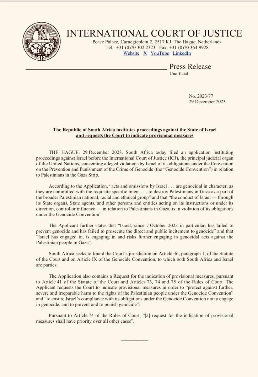 Güney Afrika, İsrail’in Gazze'de Filistinlilere soykırım yapıldığı gerekçesiyle Lahey'deki Uluslararası Adalet Divanı'nda İsrail aleyhine dava açılmasını resmen talep etti.
