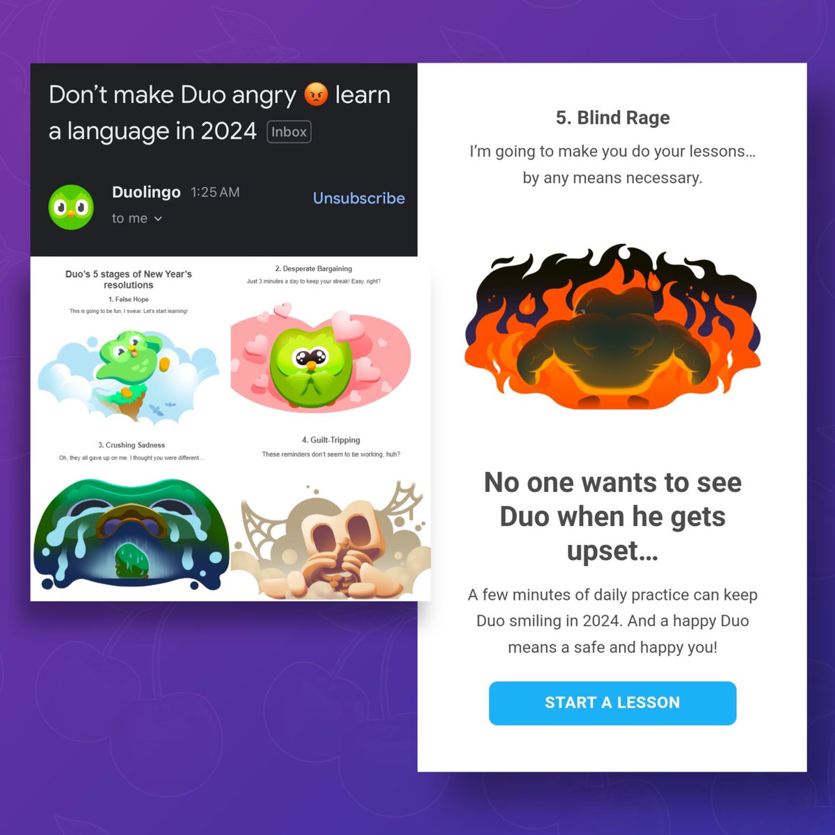PopBase's tweet photo. Duolingo in new email to users:

“Don’t make Duo angry 😡 learn a language in 2024… No one wants to see Duo when he gets upset” https://t.co/LgBvABgc3L