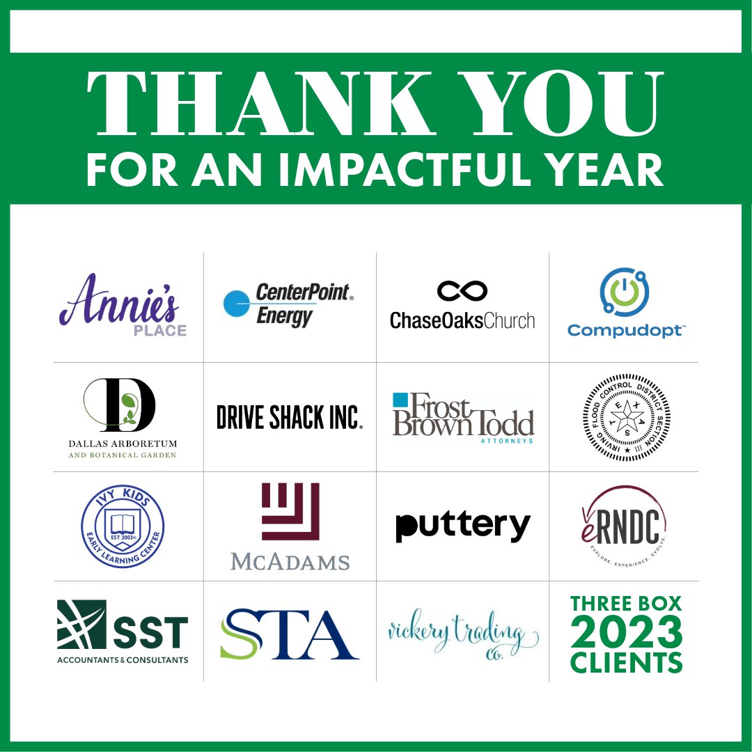 As the year comes to a close, we want to thank our #clients and their collaborative, creative and inspiring teams for an impactful 2023. Thank you! 💚 

Now, we look forward to all that 2024 will bring. Happy New Year from Three Box!