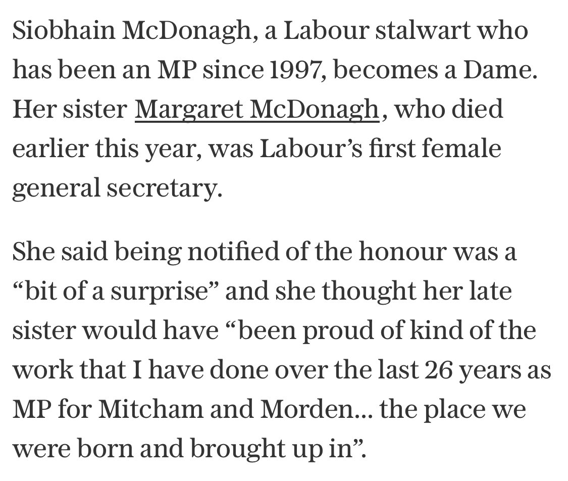 Huge congratulations to Merton MP, <a href="/Siobhain_Mc/">Siobhain McDonagh</a> , who is made a Dame Commander in the #NewYearHonourslist2024 - so very well deserved. She’s a fabulous MP. 👏👏🏽👏🏼🎖️#newyearhonours #honours