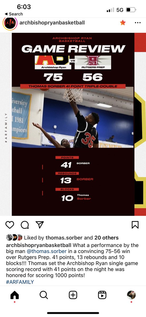 ARyanbasketball's tweet photo. An all time performance on Academy Road! Congrats Thomas Sorber breaking the school record in points while having a Triple Double! https://t.co/ZYmesgPmFp