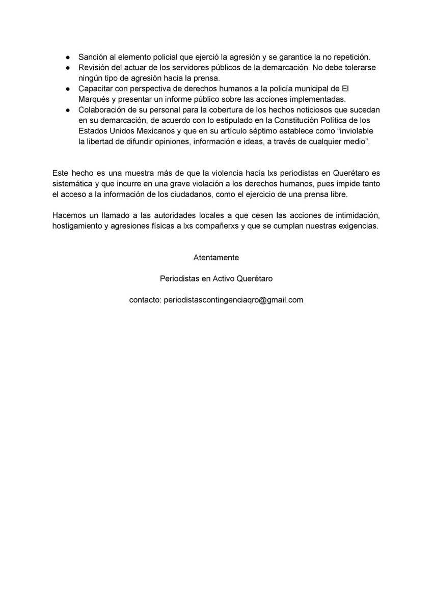 🚨 Nos sumamos a la exigencia del Colectivo Periodistas en Activo Querétaro para que se apliquen sanciones por la agresión de un elemento de la <a href="/SSPyTMElMarques/">SSPM El Marqués</a> en contra de nuestro compañero Said Muñoz.