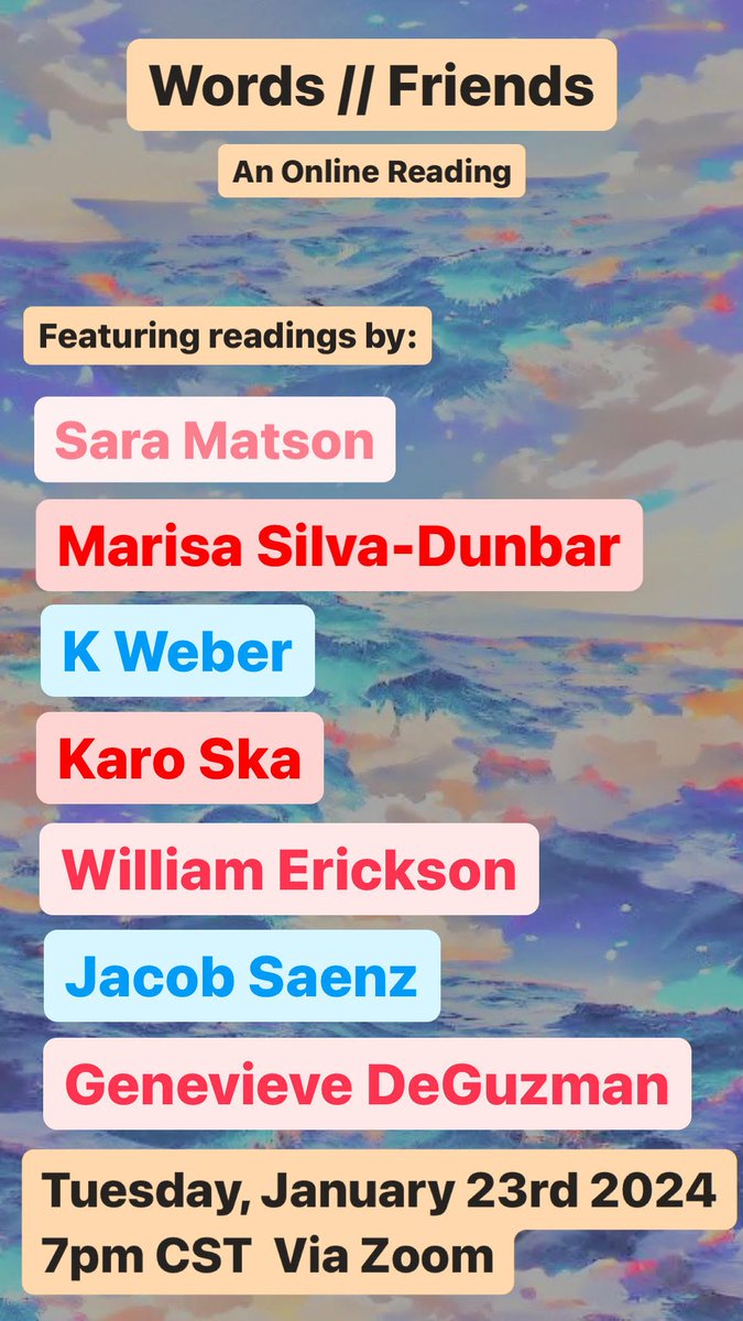 will erickson π¦₯π§ (@bill_p_erickson) on Twitter photo cancel yr plans for tuesday jan 23
then hit the π tinyurl.com/poetryreading2β¦
it's gonna be the coolest cancel yr plans for tuesday jan 23
then hit the π tinyurl.com/poetryreading2β¦
it's gonna be the coolest