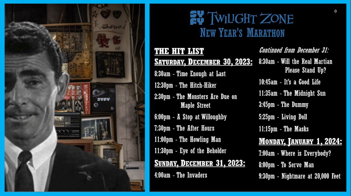 PEZ_Heads's tweet photo. The Hit List: a quick guide to help you navigate @SYFY’s wonky schedule for this year’s #TwilightZoneMarathon. Here’s when some of the classics are airing! 📺
#TwilightZone #NewYear2024 https://t.co/Drx8DRYnyy