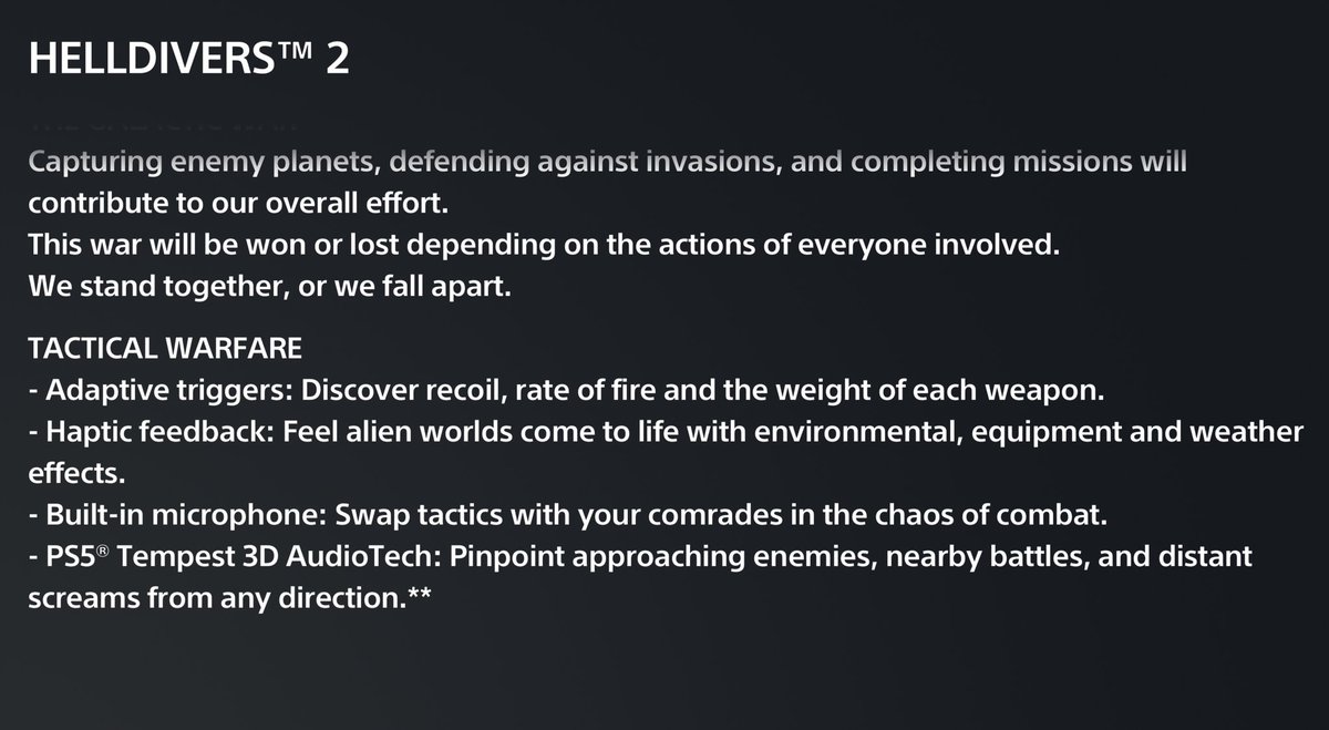 #HELLDIVERS2 Features:

☑️Adaptive Triggers
☑️Haptic Feedback
☑️Tempest 3D AudioTech

Helldivers 2 is DAY ONE.