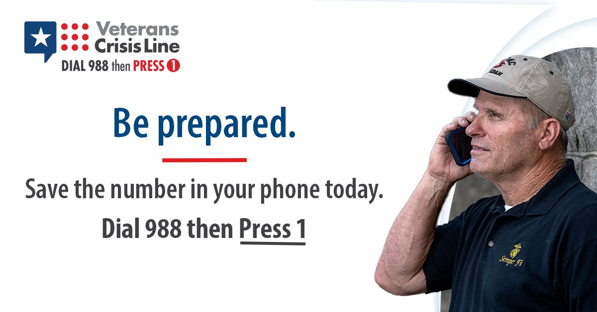 wwp's tweet photo. No veteran should ever feel alone. If you are in crisis and having suicidal thoughts, call the Veterans Crisis Line. Dial 988, then press 1, or text 838255. #PreventSuicide https://t.co/hr8lVhGtfy