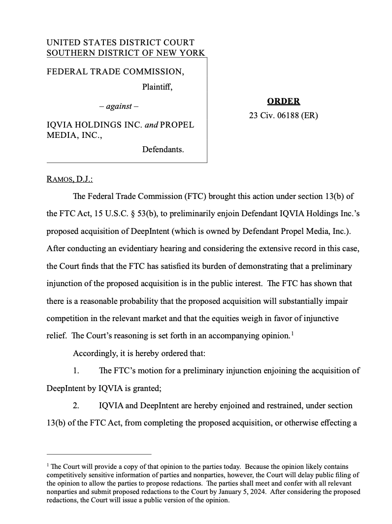 matthewstoller's tweet photo. BREAKING: FTC wins IQVIA merger trial. Full opinion will be out at some point after January 5th https://t.co/28qNfFg60F https://t.co/4mZjXjsFt1