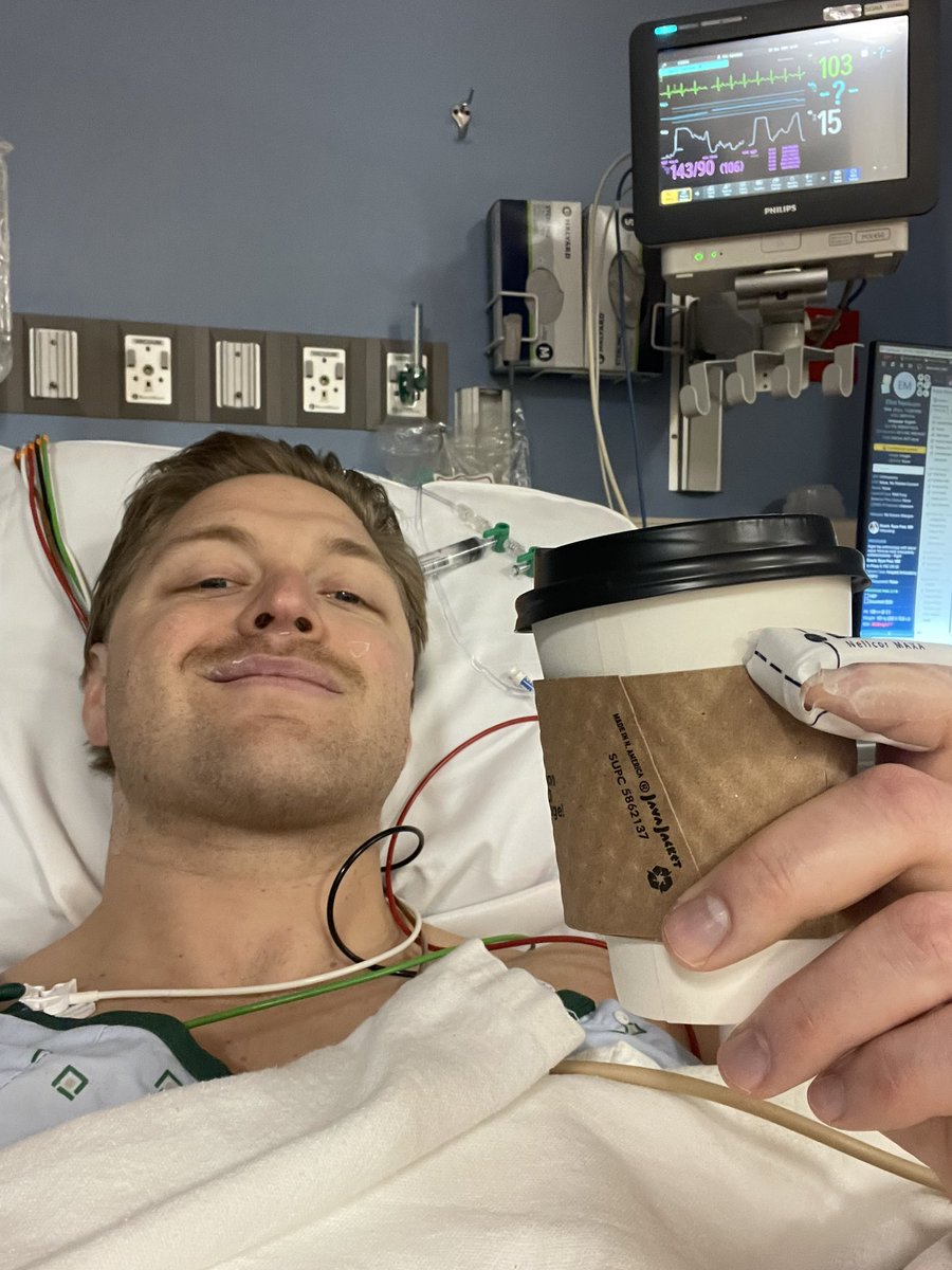 Post hip surgery and only thing I cared about getting when I woke up was some coffee ☕️ Can’t thank @UFHealth enough for their amazing care🐊 Now starts the road to recovery. When adversity knocks, you answer. We ride at dawn. #bobsled #teamusa #mentaltoughness