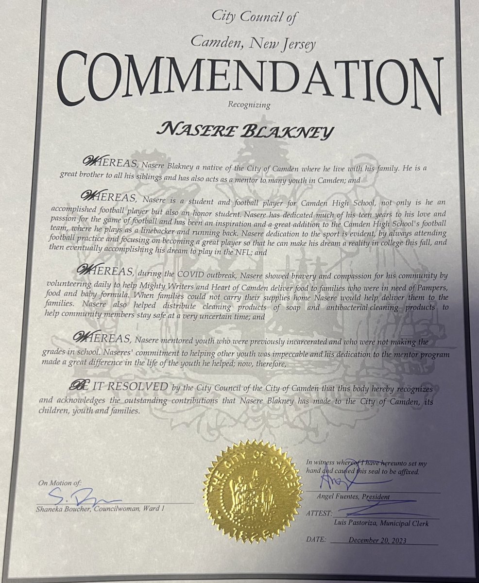 I would like to thank the City Council of Camden for recognizing my hard work and commitment in not only Football, but School and the City of Camden. This award is not just for me, but for all the hours I have spent on the field, in my books and in my community. #CamdenMade