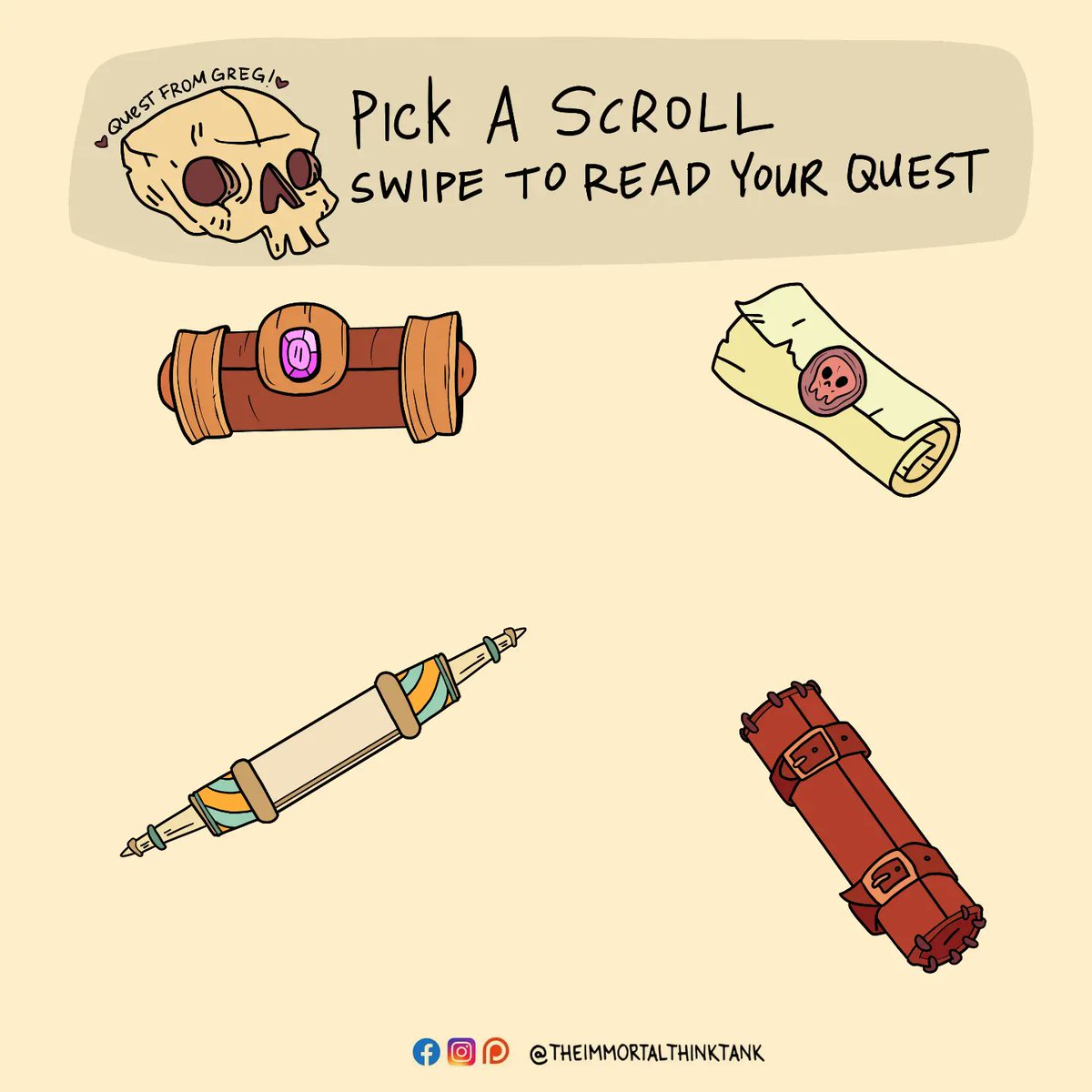 Pick a scroll then check replies to see Greg's quest for you 

#dnd #dungeonsanddragons #tagyourself #comics