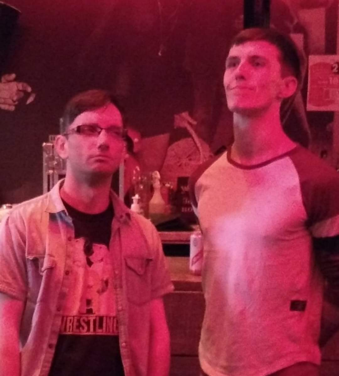 Maffewgregg's tweet photo. Me and Mad Kurt at @NORTH_NCL 

He'd been overheard talking about how he wanted a photo with me but was too nervous to ask, so a mutual friend dragged him over while @PureTKC took the photo as Kurt yelled "NO NO NO I WAS JOKING I WAS JOKING " https://t.co/Om2KTAz1xc