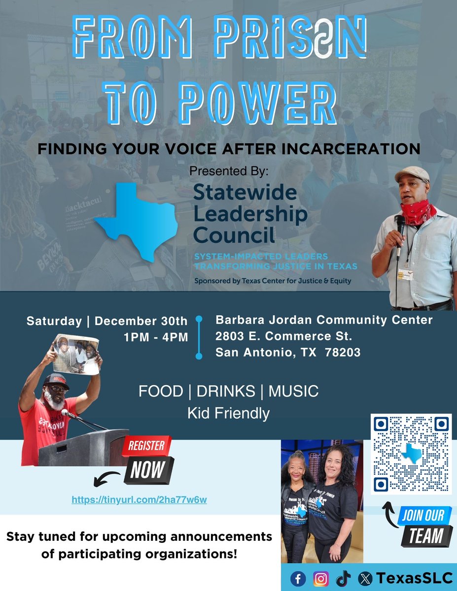 TexasSLC's tweet photo. Join us tomorrow for our upcoming From Prison to Power | San Antonio event!  It's happening Saturday, December 30th from 1-4 PM.  Use this link to register today https://t.co/5U62zvlnT5 https://t.co/xNfudlVy24