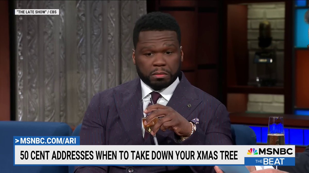 TheBeatWithAri's tweet photo. We asked Beatniks how long you keep your Xmas tree up... @50cent weighed in on "The Late Show" saying: "After New Years you take it down..." Your thoughts? https://t.co/OJHij7mICj