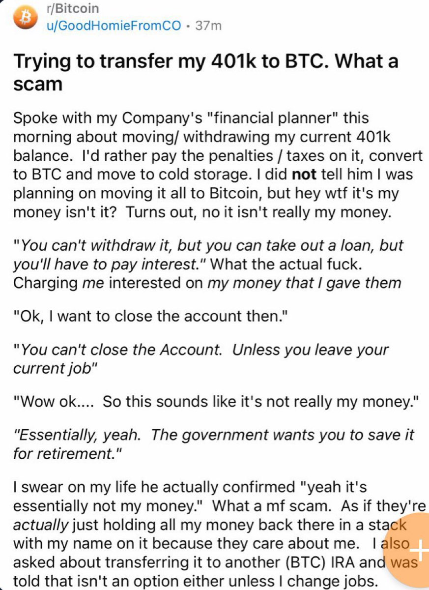 Vivek4real_'s tweet photo. Trying to transfer my 401K to #Bitcoin 
What a scam. https://t.co/MhzlBoN9aX