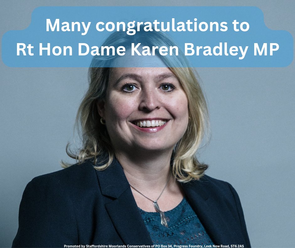 Many congratulations to our local MP Karen Bradley on her Damehood for public and political service in the latest Honours List. Karen has served as our local MP for Staffordshire Moorlands since May 2010. Very well deserved! 👏👏👏 #NewYearsHonours gov.uk/government/new…