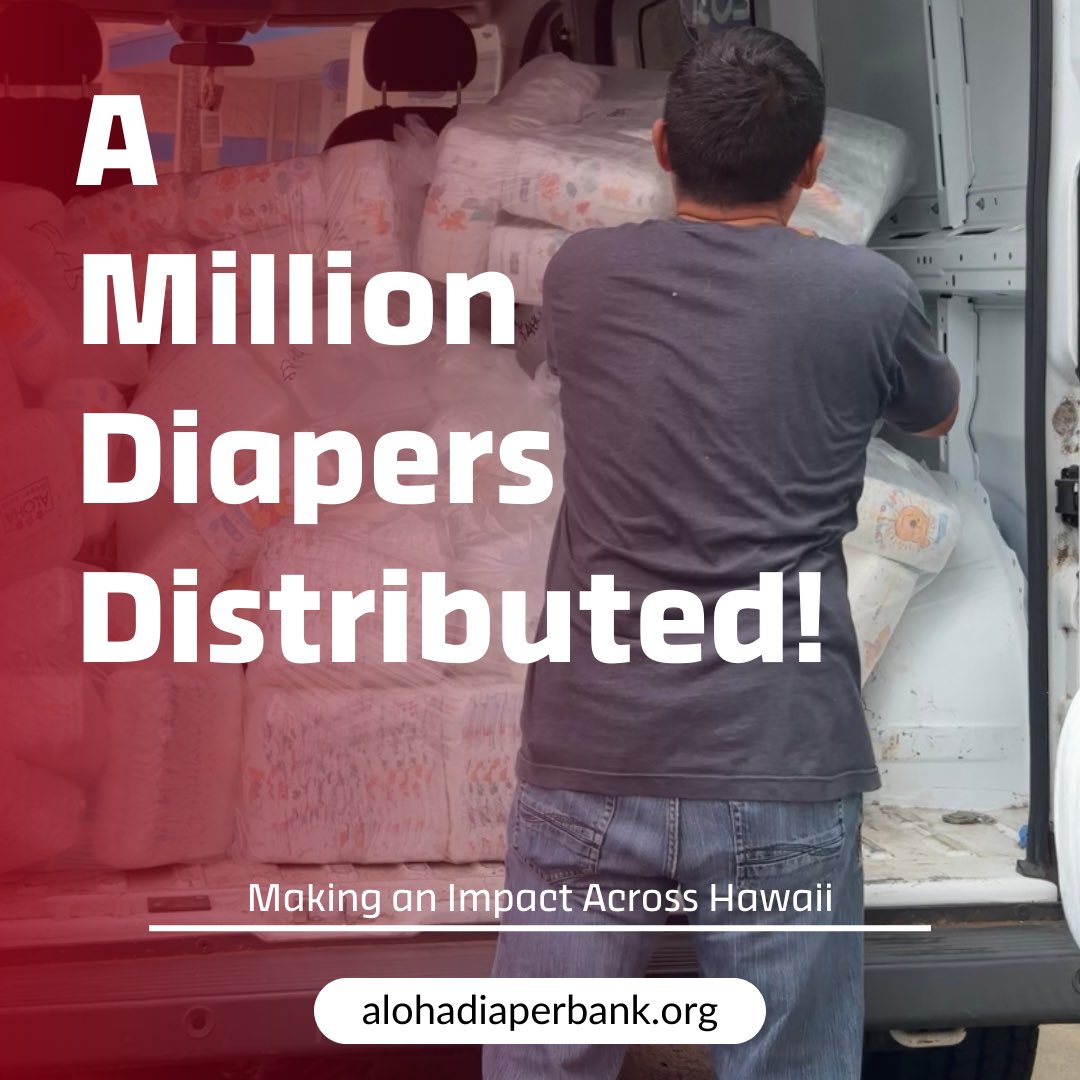 🌺 Exciting News! 🍼 Thanks to amazing donors like you, we've distributed over 1 million diapers to families across Hawaii! 🤗 Your support makes a huge impact. Learn more about our work or make an end-of-year donation at alohadiaperbank.org. Mahalo for your generosity! 🙏