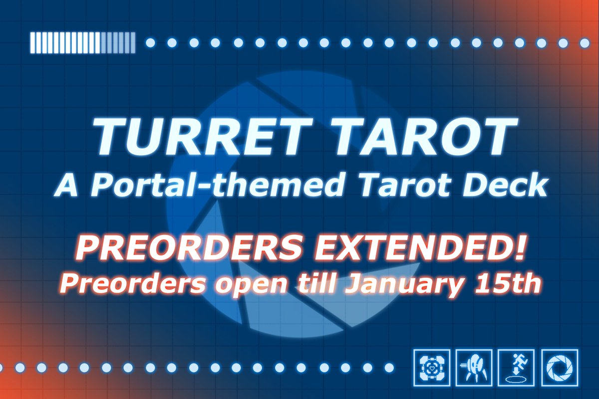 TarotTurret's tweet photo. 🔸 The Aperture Science Turret Tarot Initiative is EXTENDING PREORDERS! 🔹

The Turret Tarot is a is a Portal-themed, charity art anthology and Tarot Deck. Preorders will be extended two weeks, now closing on January 15th.
https://t.co/EjNQF96Tcb https://t.co/8Fmb9XYK3M