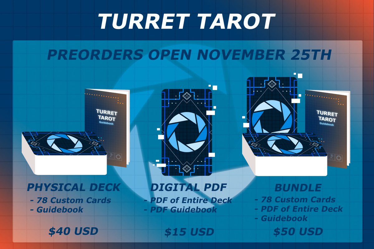 TarotTurret's tweet photo. 🔸 The Aperture Science Turret Tarot Initiative is EXTENDING PREORDERS! 🔹

The Turret Tarot is a is a Portal-themed, charity art anthology and Tarot Deck. Preorders will be extended two weeks, now closing on January 15th.
https://t.co/EjNQF96Tcb https://t.co/8Fmb9XYK3M