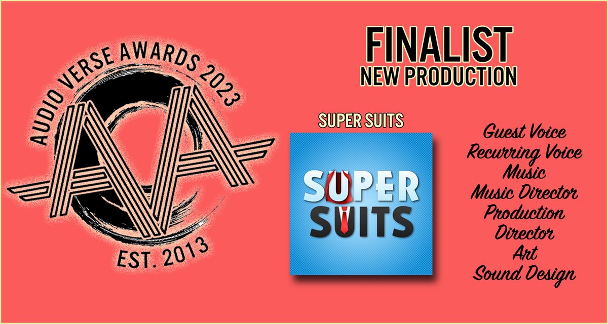 FINALIST! @SuperSuitsPod 'Super Suits' A law comedy set in a world full of superpowers, where superheroes and supervillains take to the courts as much as they take to the rooftops. VOTE HERE: audioverseawards.net/vote/

#audioverseawards #audiofiction #audiodrama #fictionpodcast