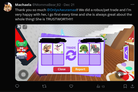 Proof #63 (Crosstrading proof)   

They went first with Robux and after I gave them the pets.  

-Ty for all the kind words and for trusting me! :)