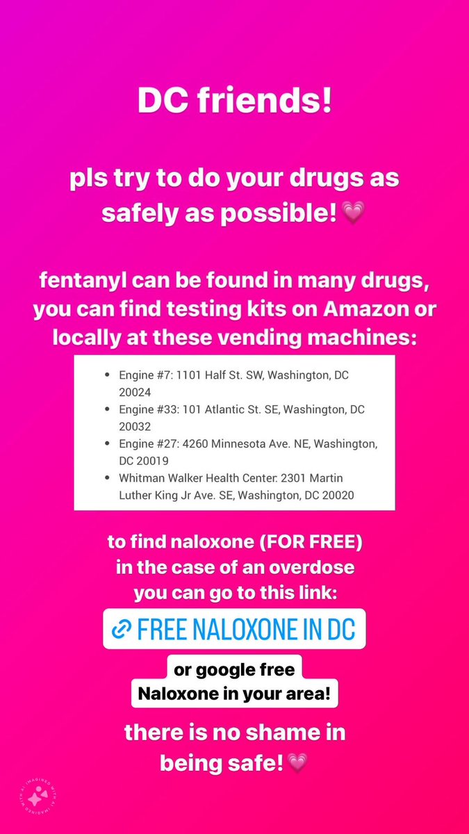DC friends! pls be safe while doing your drugs! 

there are ways to test your drugs and free Naloxone available in the case of an overdose here: dbh.dc.gov/page/where-can…