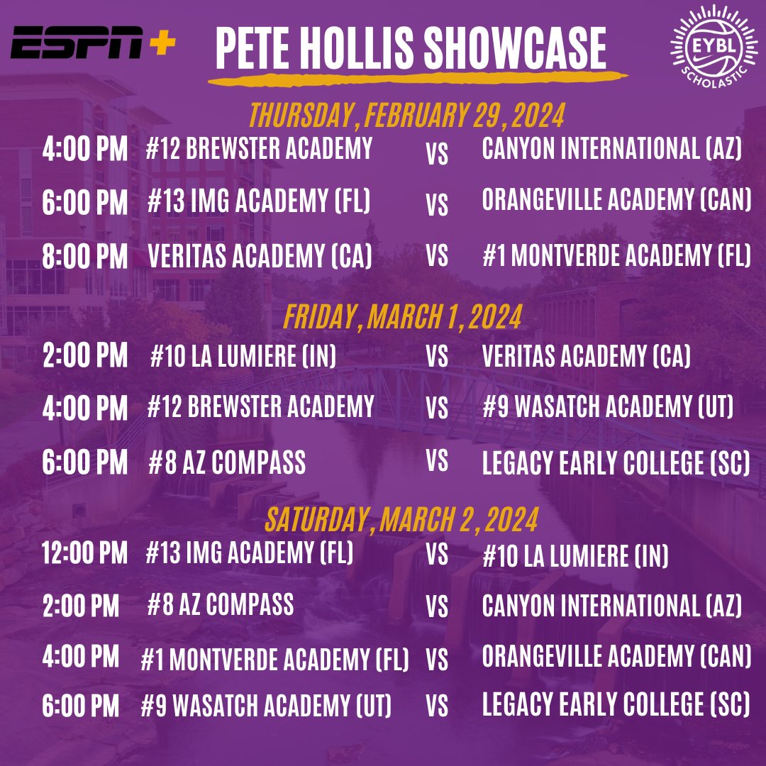 You asked for it and we heard you loud and clear... The Pete Hollis Showcase will feature 6 of the top 15 teams in the country. You don't want to miss this elite level of High School Basketball as part of the EYBL Scholastic Schedule.