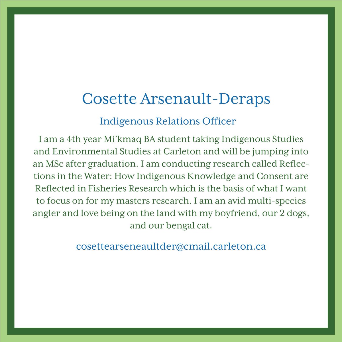 afs_ontario's tweet photo. Meet Cosette (AKA Coco), the new AFS-OC-SU Indigenous Relations Officer!!! #americanfisheriessociety #indigenous #fishscience #ontairofisheries https://t.co/r8iasb4bE9