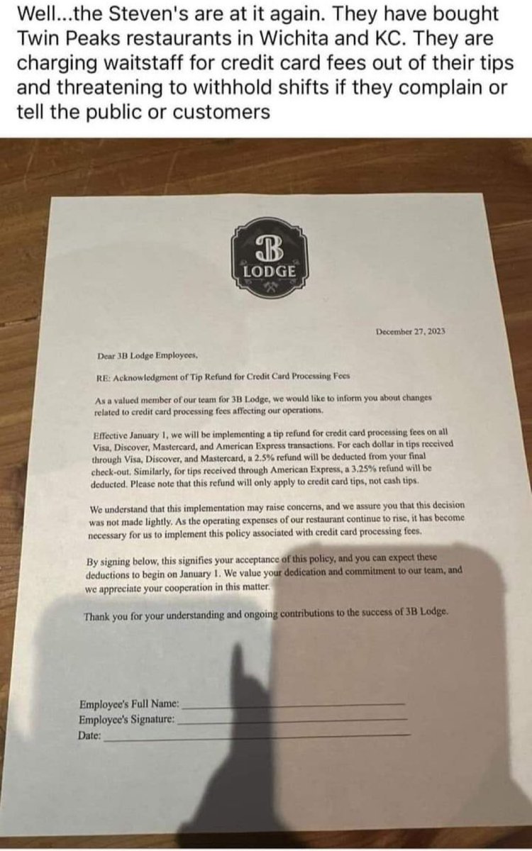 Worthy of outrage? The owner is passing the fee onto the person who in the end gets the money. Keep in mind the avg profit margin for a restaurant is 3-5%.