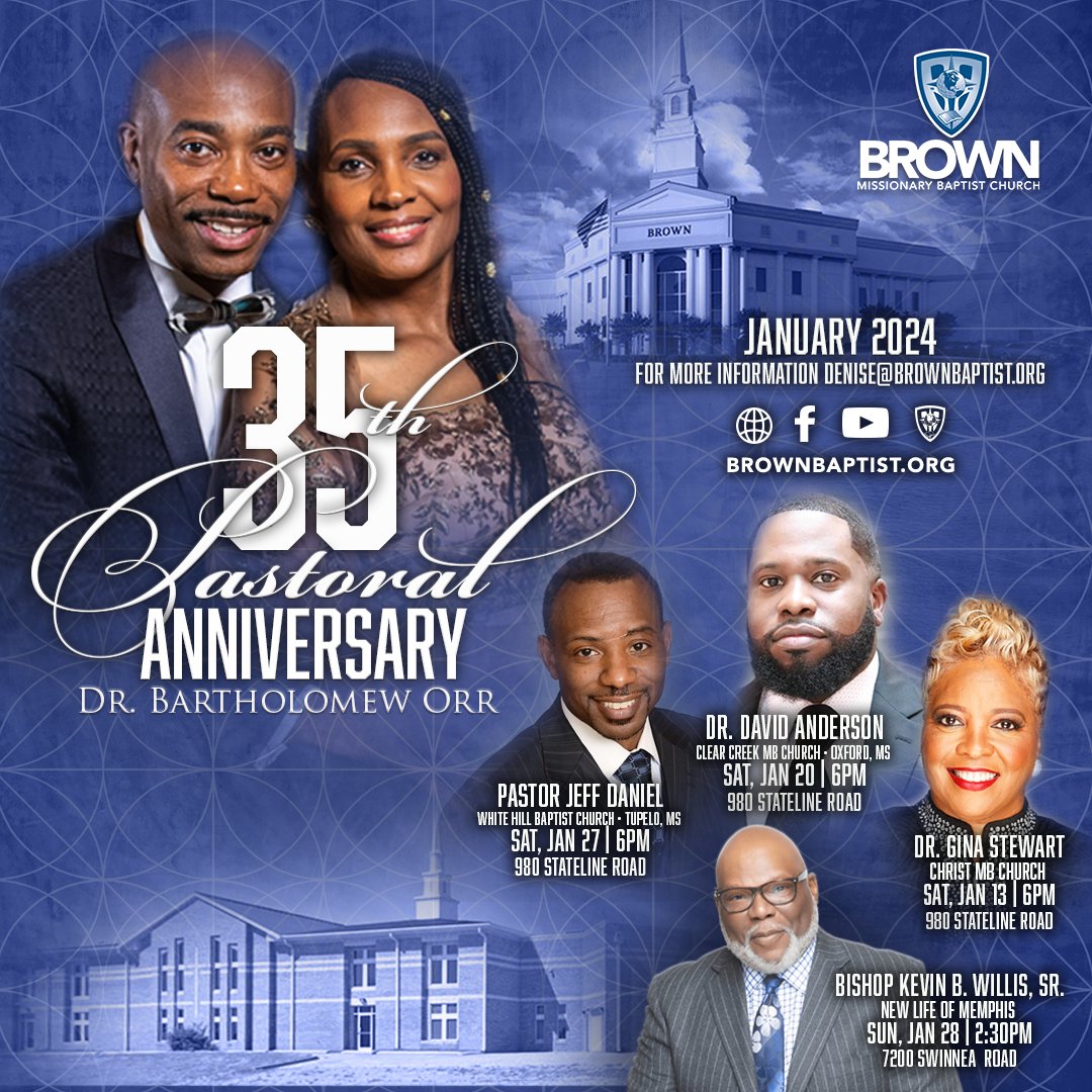 BrownBaptist's tweet image. 🗓️ Mark your calendars and make plans to celebrate all month long with @pastor_orr for his 35th Pastoral Anniversary! 💙

#brownbaptist #bmbc #yearofhousing #PastorOrr #BartholomewOrr #PastoralAnniversary #35/55