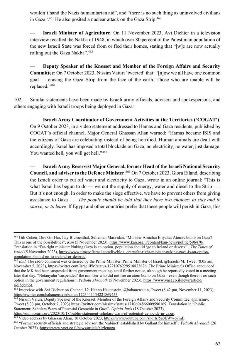 The report by South Africa is astonishing in its scope and detail. It contains a litany of atrocities but these 7 pages on intent show the widespread depravity of zionism. The Prime Minister, President, 7 Ministers, and 5 senior military figures. And these just public statements