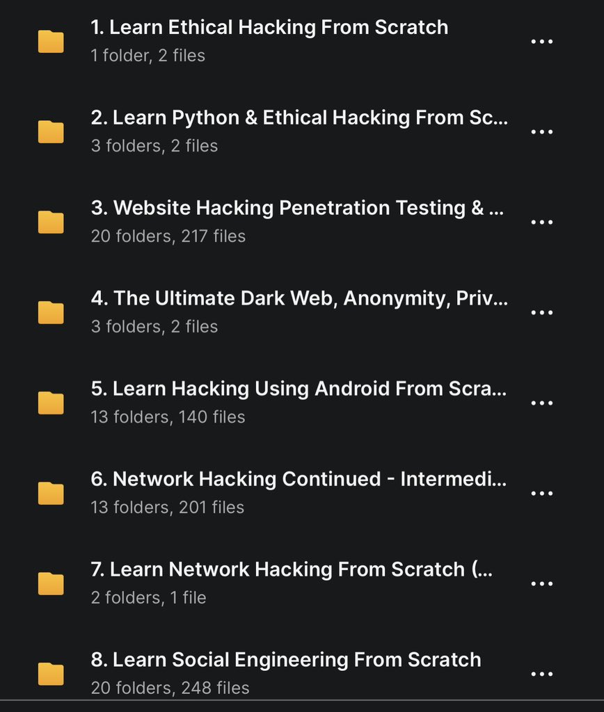 🔒 Elevate your cybersecurity skills with these courses: 1️⃣ Ethical Hacking From Scratch: 1 folder, 2 files 2️⃣ Python & Ethical Hacking: 3 folders, 2 files 3️⃣ Website Hacking & Penetration Testing: 20 folders, 217 files 4️⃣ Ultimate Dark Web, Anonymity, Privacy: 3 folders, 2…