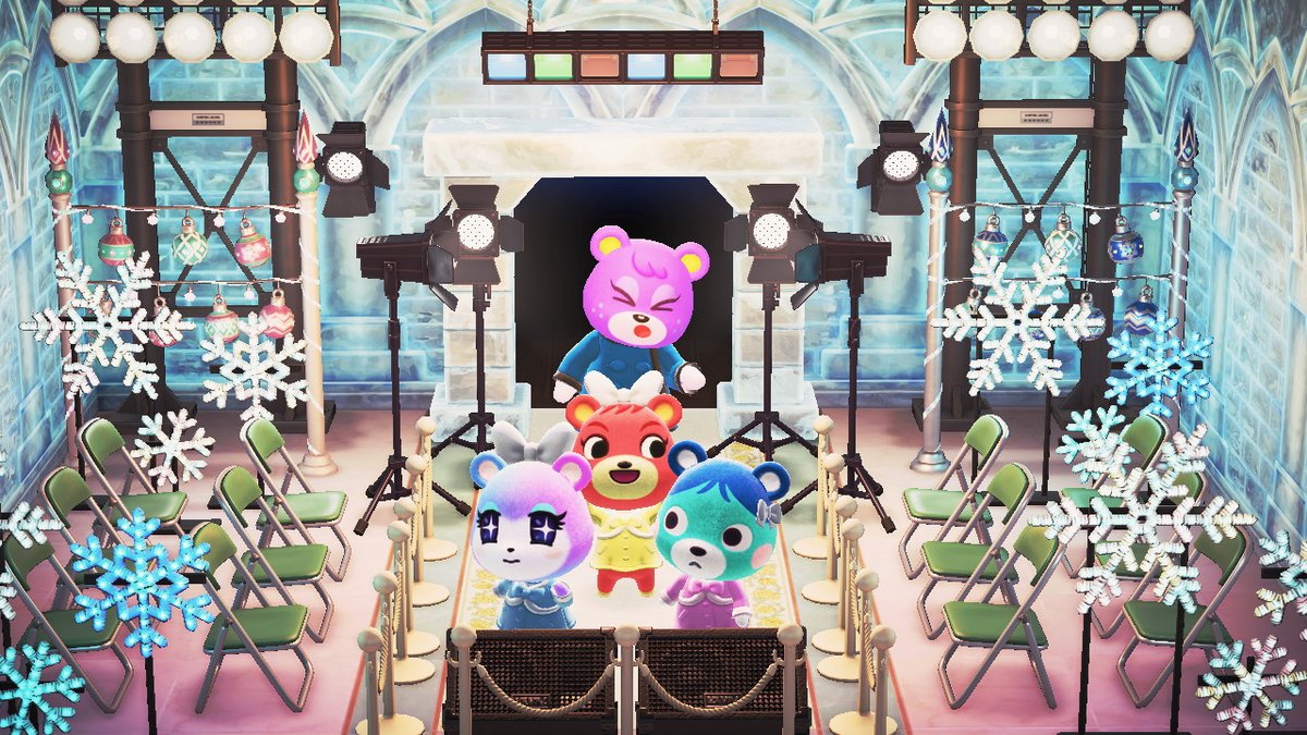 #ACNHWinterChallenge Day 29: Holiday fashion show with friends

Megan told her daughter Judy to invite 2 friends to model with her at the Dorothy Bearkins winter fashion show. The only cubs who tolerate Judy are Bluebear & Cheri.
Megan rated all 3 totally useless!
#AnimalCrossing