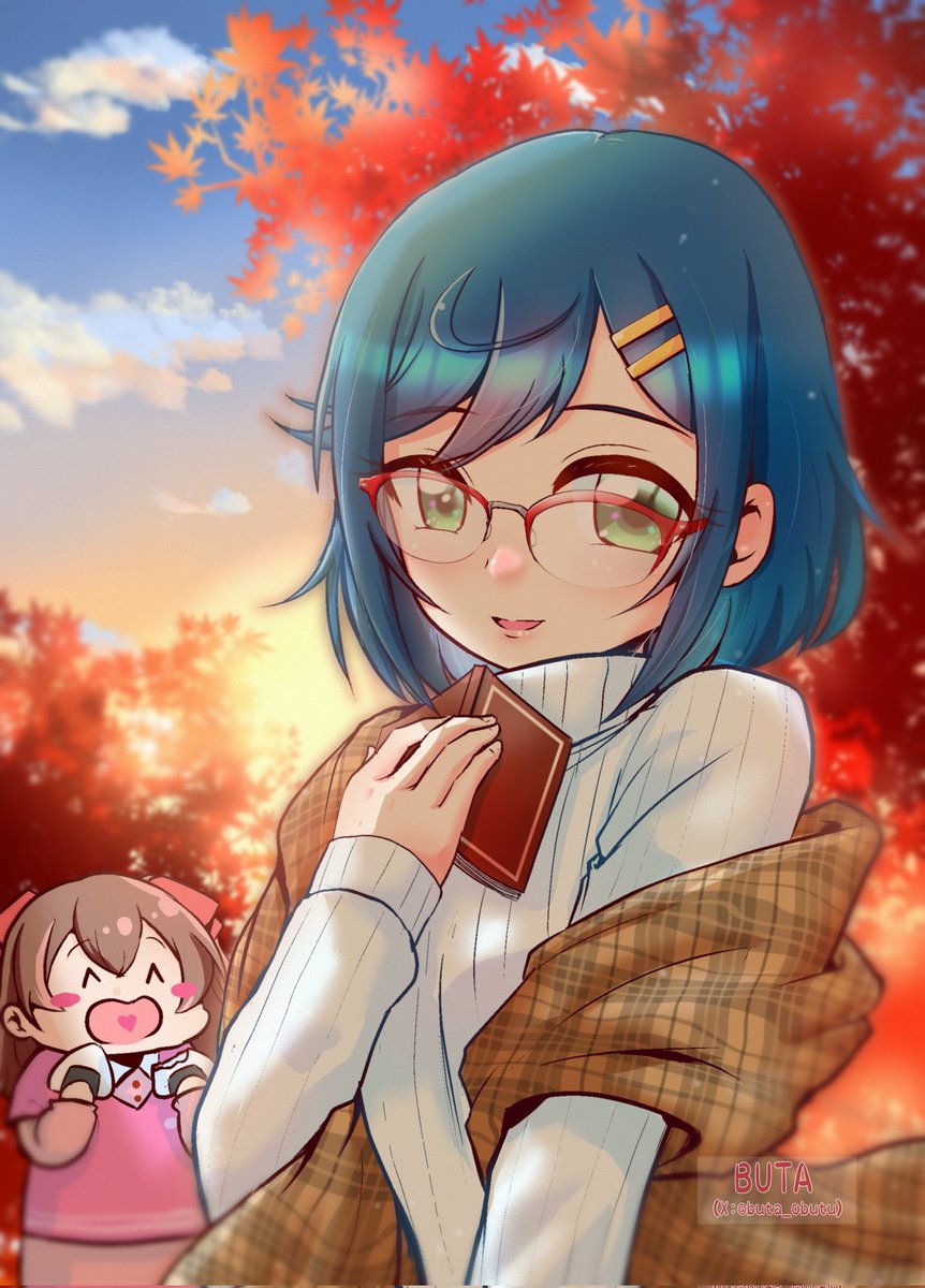 glasses sweater 2girls multiple girls blue hair red-framed eyewear green eyes  illustration images