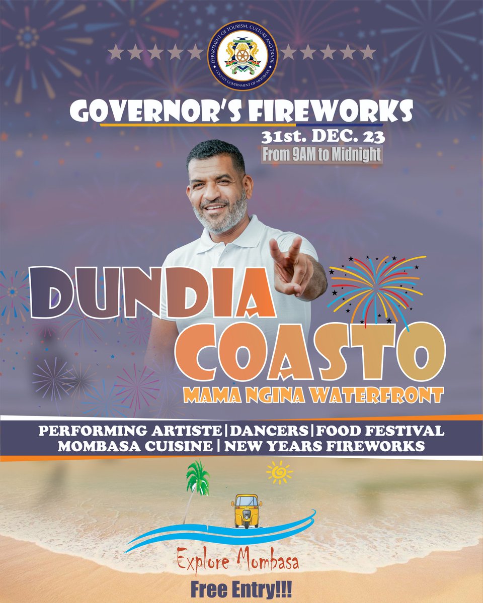 Tourism,Culture & Trade (@tourismmombasa) on Twitter photo All roads lead to the Mama Ngina Waterfront tomorrow from 1400HRS. Come one come all and letβs usher the New Year 2024 in style.
#karibunimombasa
#twenzetuMamaNgina
#ExploreMombasa
<a href="/A_S_Nassir/">Abdulswamad Sheriff Nassir</a> <a href="/FrancisThoya001/">Francis Thoya</a> @CECMohamedOsman <a href="/MombasaCountyKe/">Mombasa County</a> All roads lead to the Mama Ngina Waterfront tomorrow from 1400HRS. Come one come all and letβs usher the New Year 2024 in style.
#karibunimombasa
#twenzetuMamaNgina
#ExploreMombasa
<a href="/A_S_Nassir/">Abdulswamad Sheriff Nassir</a> <a href="/FrancisThoya001/">Francis Thoya</a> @CECMohamedOsman <a href="/MombasaCountyKe/">Mombasa County</a>