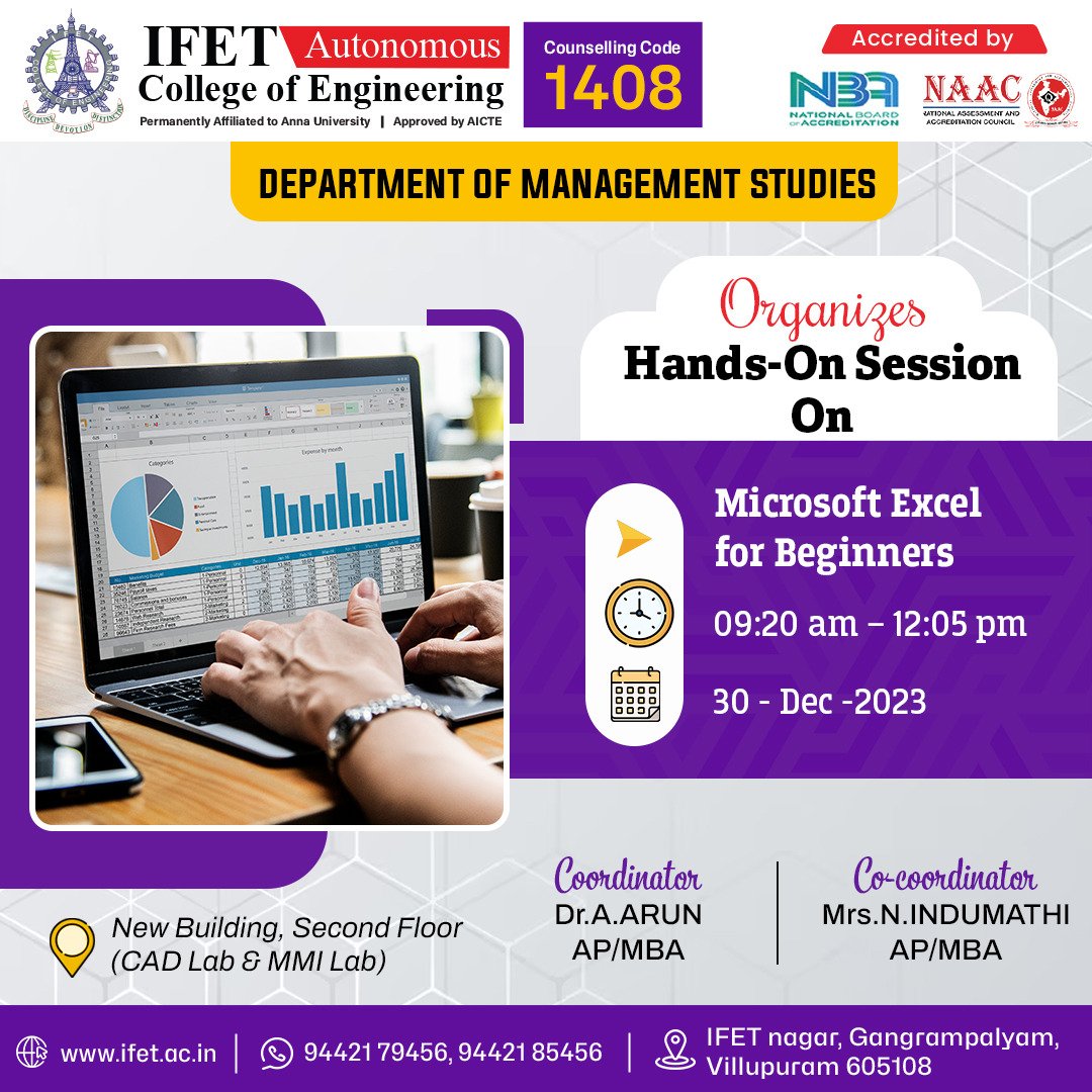 CeIfet's tweet image. 💫Unlock the power of data and enhance your Microsoft Excel skills!📊🚀
Join our hands-on session organized by the Department of Management Studies!
IFET College of Engineering
Explore Beyond🌎
#ExcelForBeginners
#DataSkills
#ProductivityBoost