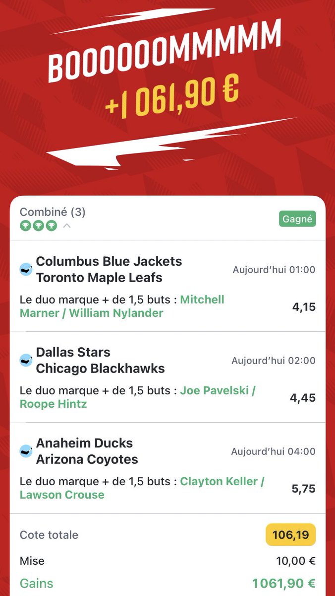 HelekTips's tweet image. Olala le beau réveil 🥰

la belle côte à 106 qui passe 👀

+1061€

GG à tout ceux qui ont suivis 🫶

À ce soir pour la suite

#TeamParieur #NHL #jackpot