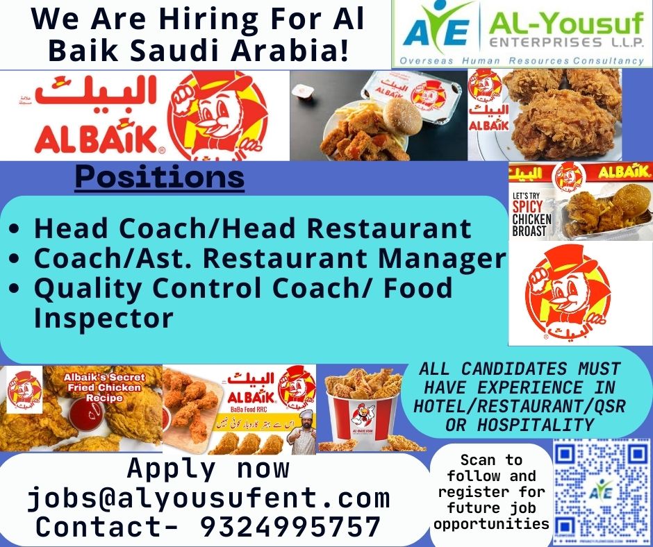HR03 All Positions: #JobsInSaudiArabia #Hiring For Hospitality  #Saudi Arabia
#HEAD COACH/HEAD RESTAURANT MANAGER
#ASSISTANT RESTAURANT MANAGER/COACH LEVEL
#QUALITTY FOOD COACH/FOOD INSPECTOR

Applicants must have 4-6  years of experience and hospitality industry experience