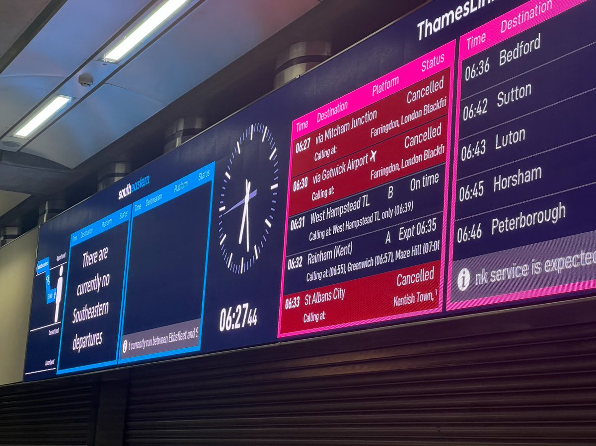 London St Pancras International is in chaos. All Eurostar and Southeastern trains this morning cancelled due to flooding in the tunnel beneath the Thames. Many Thameslink services cancelled due to staff shortage. Trying to find out what I can and will report as soon as possible.