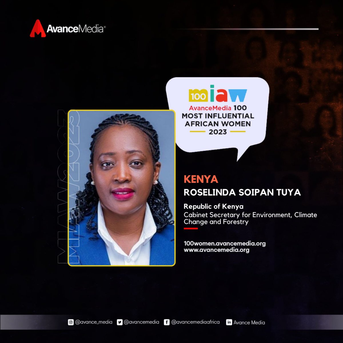 Hearty congratulations to our Cabinet Secretary Hon. Soipan Tuya on her enlistment among 100 Most Influential African Women in 2023 by Avance Media for her leading role in advancing Africa's climate action agenda. #WomenLeaders #AvanceMedia